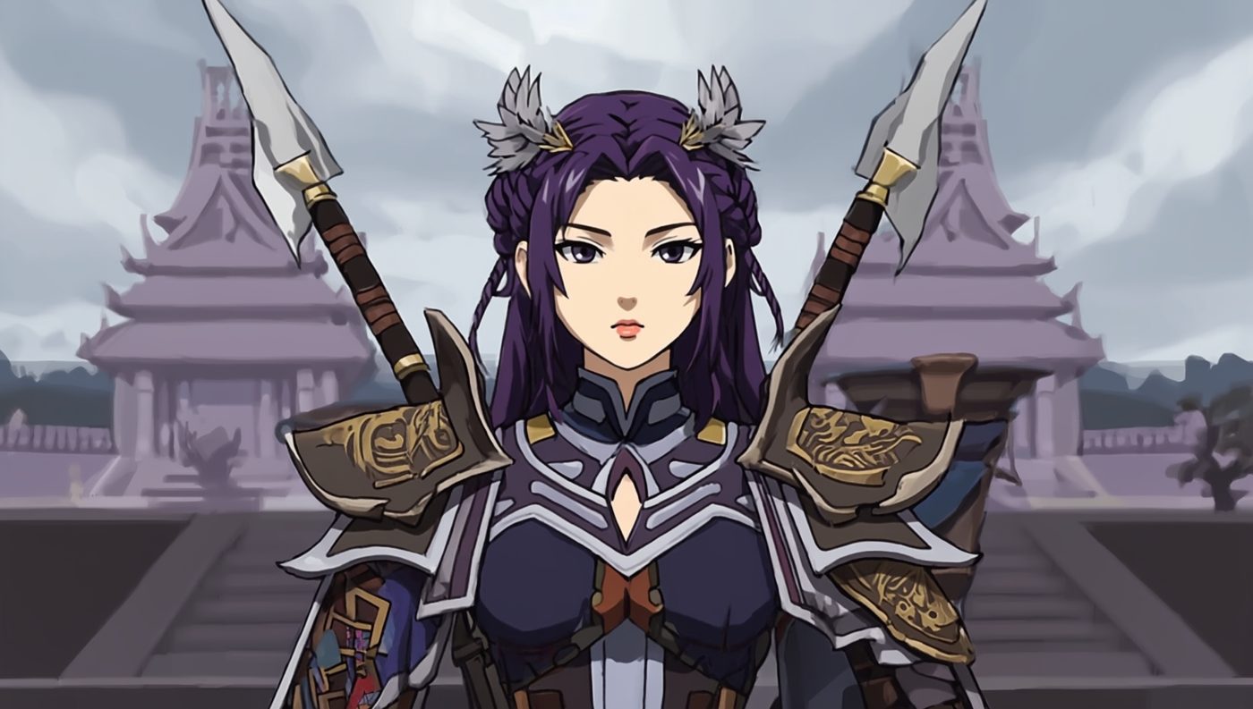 anime-style illustration of a warrior woman with purple hair. muted color palette. exaggerated features. slightly blurry background. flat shading style common in japanese artwork.