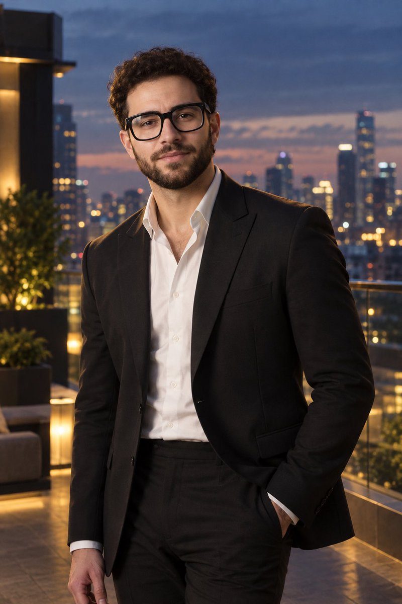Photorealistic cinematic portrait of a handsome adult {argument name="subject" default="man"} with tousled medium-length brown hair and a neatly trimmed beard, wearing a {argument name="outfit" default="sophisticated black tailored suit"} with a crisp white open-collar shirt, elegant and modern with no tie. He is standing at a slight angle to the camera, one hand casually resting in his trouser pocket while the other hangs naturally by his side, with relaxed shoulders and a confident, composed posture. His head is slightly turned toward the camera, maintaining a calm, intense, subtly contemplative expression. Set in a {argument name="location" default="luxurious modern rooftop"} at twilight, with softly illuminated city buildings and distant skyline lights creating an elegant urban atmosphere in the background. Subtle warm architectural lights contrast with the cool blue tones of the evening sky. Cinematic depth, gentle atmospheric haze, realistic environmental reflections, and softly blurred city lights. Soft directional key light illuminates his face naturally, with a subtle warm rim light separating his hair and shoulders from the background. Natural skin texture, sharp expressive eyes, realistic facial details, authentic hair strands, realistic fabric texture, shallow depth of field, professional fashion photography, 85mm portrait lens, f/1.8, creamy bokeh, cinematic contrast, sophisticated color grading, luxury fashion editorial aesthetic, ultra-detailed, photorealistic, 8K.