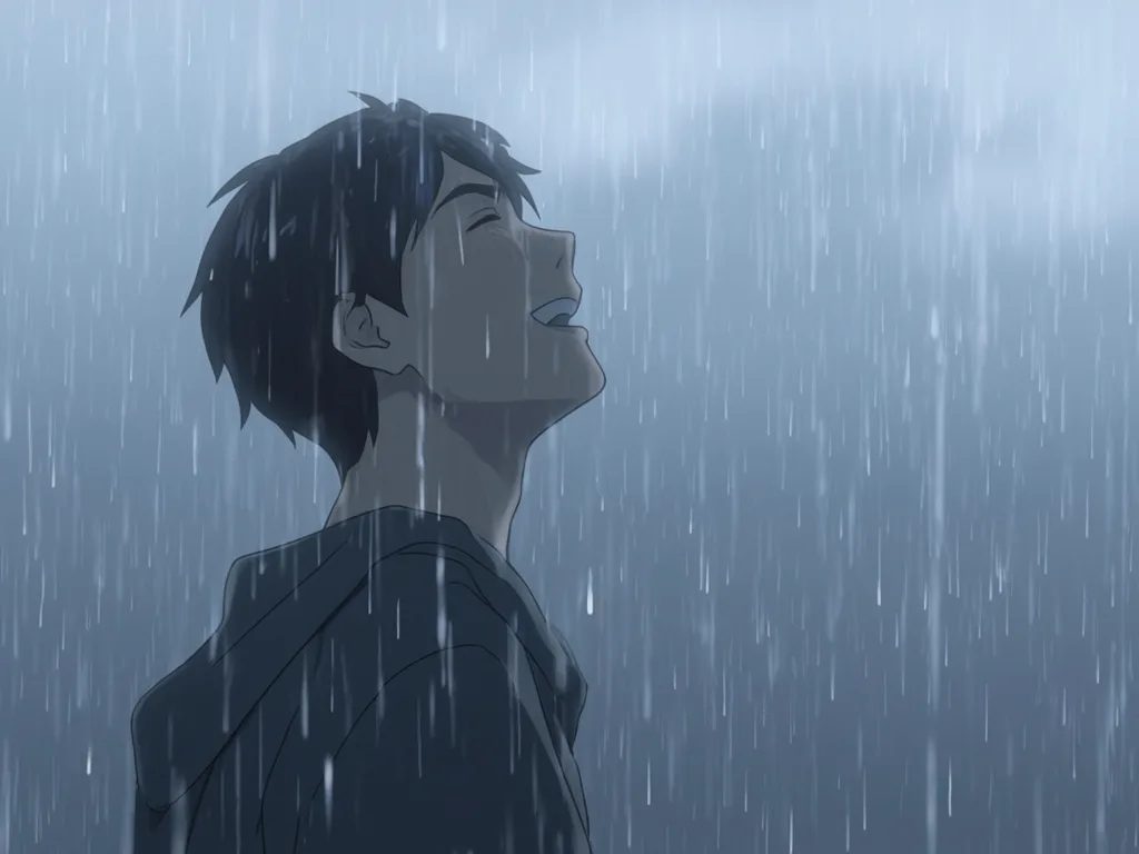 Anime-style digital animation frame of a young man standing in heavy rain, shown in side profile with his face lifted toward the clouds and laughing in relief. Dark hair sticks to his forehead, a loose charcoal jacket clings to his shoulders, and bright raindrops streak across the foreground. Cool overcast light, restrained blue-gray palette, emotional close-up, and a sense of renewal.