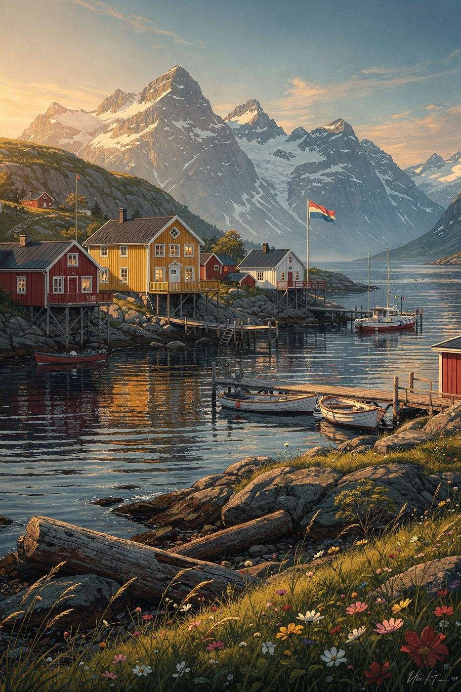 An ultra-detailed editorial travel poster for a remote Nordic coastal village in peak summer, dramatic golden-hour sunlight, colorful wooden houses on rocky shoreline, glassy water reflecting the sky, wildflowers in the foreground, distant snow-capped mountains, crisp atmospheric depth, tasteful luxury-magazine aesthetic, photorealistic textures, balanced composition with clear negative space at the top for headline typography, natural color grading, subtle breeze in flags and grasses, high realism, immaculate architectural details, visually striking yet elegant