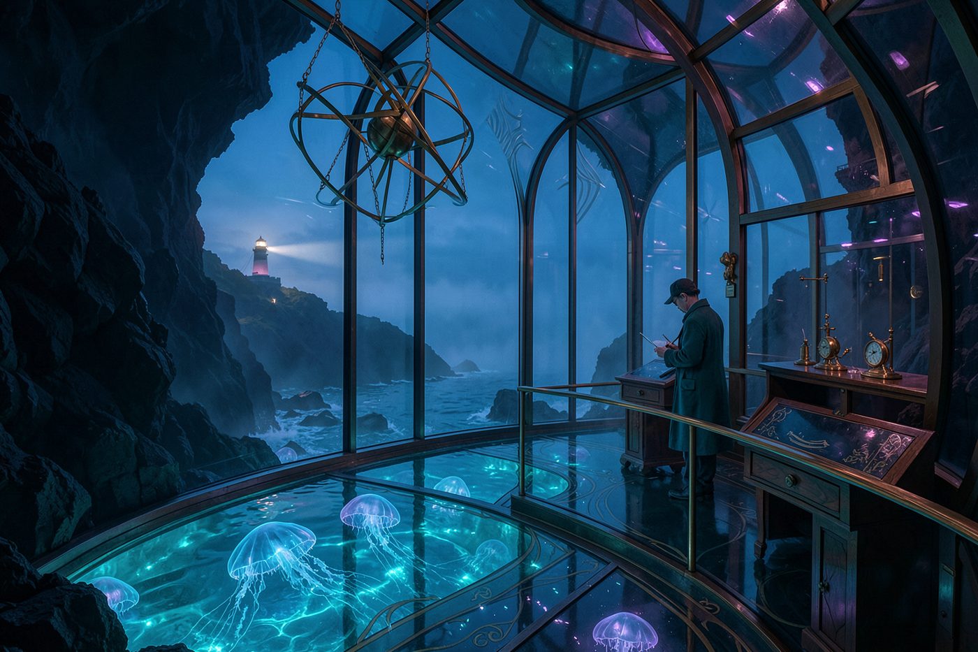 A retro-futurist coastal observatory built into black volcanic cliffs above a bioluminescent tidepool lagoon at blue hour, vast curved glass walls, brass instruments, polished wood consoles, suspended orrery shaped like seashell spirals, glowing cyan and violet reflections rippling across the interior, a solitary naturalist in a deep teal coat sketching luminous jellyfish drifting below the glass floor, art nouveau marine motifs, cinematic composition, intricate environmental storytelling, ultra-clean forms, soft mist outside, distant lighthouse beam, highly detailed, elegant color harmony, surreal yet believable, premium concept art look