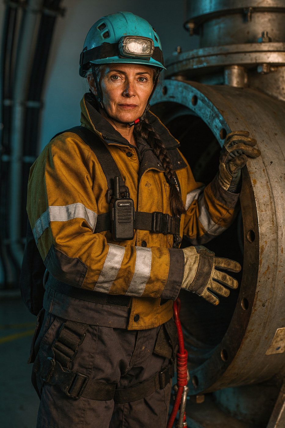Create a finished vertical environmental persona portrait for an offshore wind safety training program. Use reference image 1 to preserve the instructor's recognizable identity: the same late-40s woman, facial proportions, gray-green eyes, freckles, notched left eyebrow, silver-streaked dark braid and calm, capable demeanor. Use reference image 2 for the exact workwear design and color details: mustard flotation jacket with asymmetric black storm flap, three reflective forearm bars, turquoise helmet with scratched rectangular headlamp, black radio harness, charcoal bib trousers and red fall-arrest lanyard. Place her in a completely new composition inside a practical wind-turbine nacelle training bay, standing three-quarter length beside an open yaw-drive housing, one gloved hand resting on the metal casing and the helmet held beneath her other arm so her face remains unobstructed. She looks directly into the camera with patient authority, like an experienced instructor about to begin a safety demonstration. Documentary editorial photography rather than action spectacle; realistic machinery, cable runs and maintenance markings softly out of focus behind her. Cool cyan industrial daylight from the left balanced by a warm amber inspection lamp from the right, restrained slate-blue, mustard and oxidized-metal palette, crisp facial detail, natural skin texture, subtle grease wear on the jacket cuffs, 50mm lens perspective, eye-level framing, generous breathing room above the head, no logos, no legible text, no interface, no poster typography.