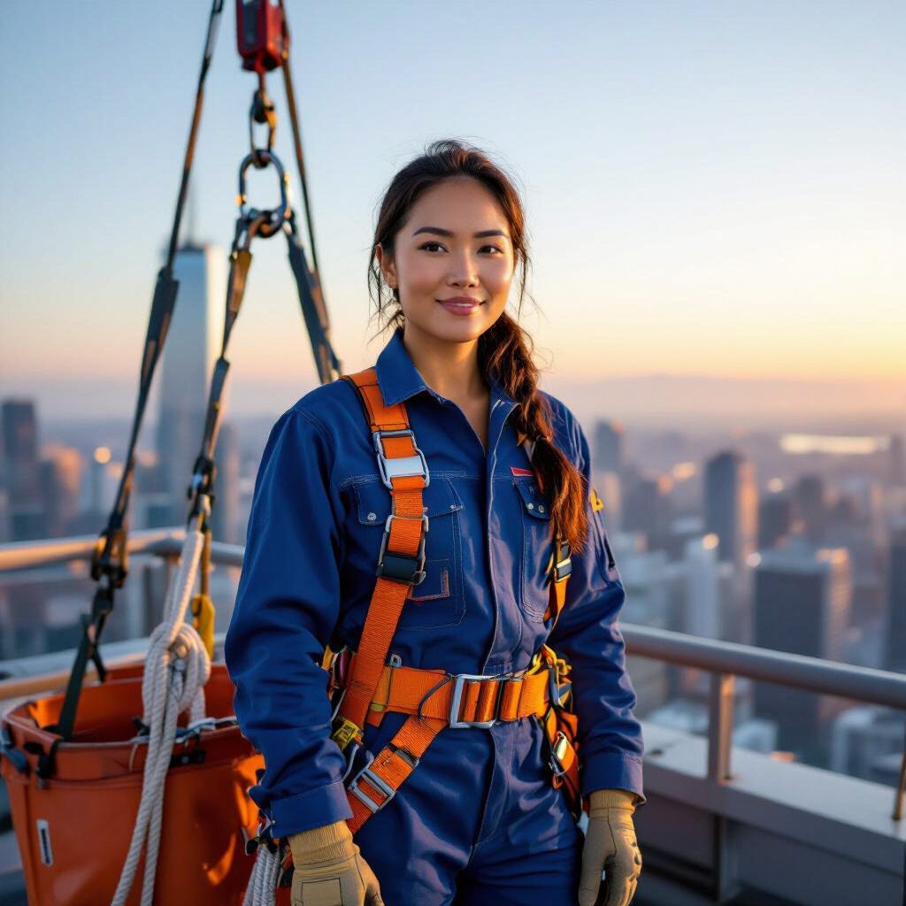 Photorealistic square personal photoshoot portrait of a confident Filipina woman in her late 50s who works as a high-rise window cleaner, photographed on a skyscraper service terrace at sunrise. She stands securely beside a suspended maintenance cradle, looking directly into the camera with a calm, self-assured expression. Styled cobalt-blue technical coveralls with precise tailoring, a vivid safety-orange climbing harness, matte silver carabiners, coiled white rope, protective gloves tucked into her belt, and clean black work boots; authentic equipment with visible woven nylon, brushed metal, rubber, stitching, buckles, and signs of careful use. Waist-up three-quarter pose, one hand resting naturally on the cradle rail, shoulders relaxed. Compose her slightly left of center, with taut suspension cables creating strong graphic diagonals and a glass-and-steel skyline receding behind her. Crisp golden sunrise strikes one side of her face and catches the edges of the metal hardware, balanced by cool cyan reflections from the mirrored tower facade; subtle silver fill light preserves natural skin texture and detail. Bold palette of cobalt, safety orange, cool glass blue, and warm gold. Premium contemporary editorial photography, dignified rather than heroic, realistic proportions, lifelike hands, sharp eyes, fine facial detail, controlled depth of field, clean composition, no signage, no logos, no text.