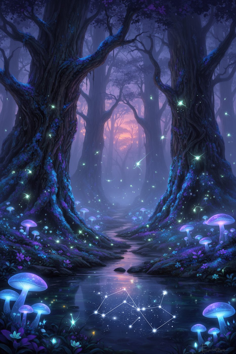 A mythic bioluminescent forest at twilight, towering ancient trees with glowing blue and violet moss, translucent mushrooms illuminating the path, a crystal-clear stream reflecting constellations, drifting firefly-like spirits, dense volumetric fog, intricate bark textures, luminous flora, cinematic fantasy concept art, ultra-detailed, painterly realism, dramatic depth, rich color contrast, ethereal atmosphere