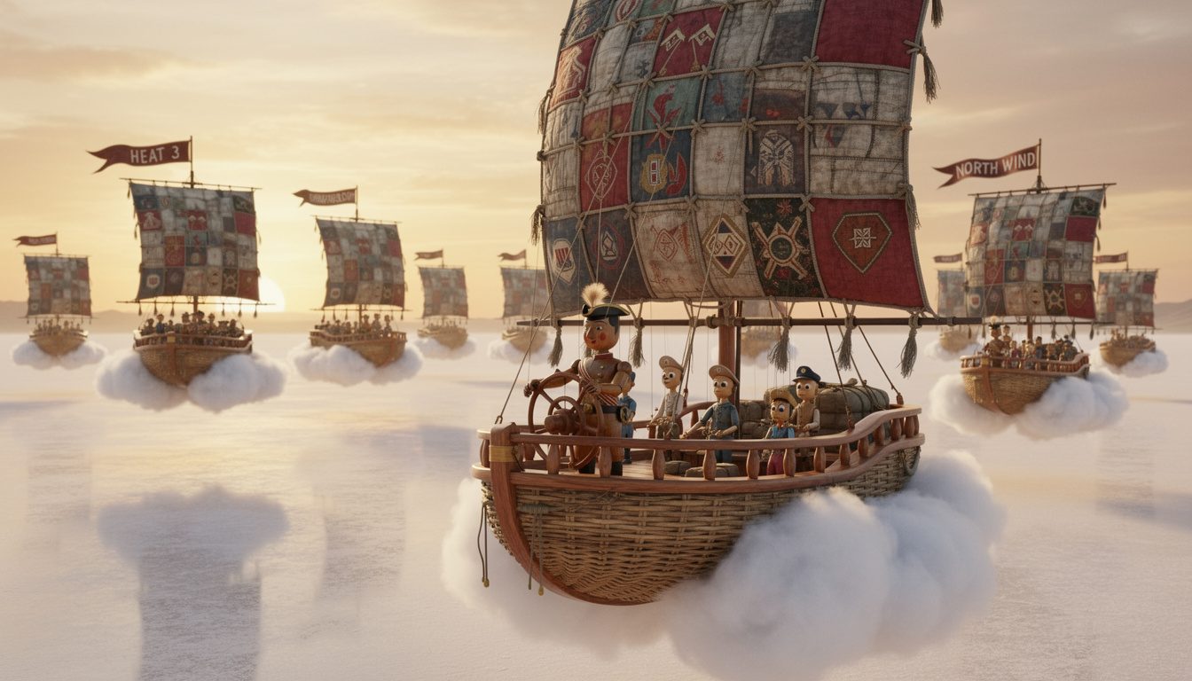 Create a richly detailed airborne regatta above a vast salt flat at golden sunrise, using the reference images to preserve the marionette captain, quilted sail materials, and cloud barge design. Show multiple puppet-crewed vessels drifting in layered formation through bright apricot and pale cyan sky, long reflections shimmering below. The main vessel dominates the foreground with crisp readable painted lettering on the sail: "SKY HARBOR CUP". Include smaller banners with clean simple text such as "HEAT 3" and "NORTH WIND". Emphasize precise composition, stable geometry, handcrafted textures, taut ropes, stitched cloth, varnished wood, tiny brass fittings, and playful theatrical charm. Cinematic wide shot, storybook realism, airy scale, high detail, elegant color harmony, gentle atmosphere, no modern city elements.