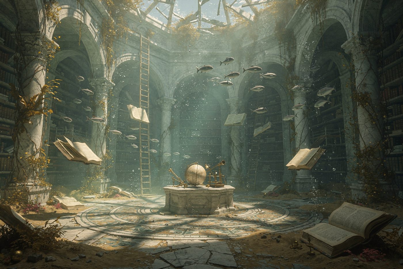 A vast sunken library atrium beneath clear seawater, seen from inside the structure: towering marble arches wrapped in drifting kelp, suspended ladders, floating open books with warped pages, schools of silver fish weaving through shafts of sunlight from a shattered glass ceiling, a circular mosaic floor partly buried in silt, a central reading dais with a toppled globe and brass instruments, tiny air bubbles rising from cracked stone seams, distant rays illuminating dust-like particles in the water, cinematic scale, exquisite texture detail, elegant symmetry, serene abandoned grandeur, natural color palette of teal, ivory, gold, and muted coral, ultra-detailed environment, believable underwater optics, deep perspective, masterful composition
