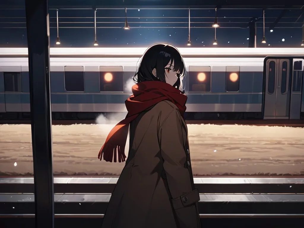masterpiece, best quality, source_anime, 1girl, original dark-haired student waiting at an empty rural train platform at night, wool coat and red scarf, visible breath, light snowfall, hands around a warm drink, looking down the tracks, amber station lamp, deep blue shadows, cinematic wide shot, contemplative game CG