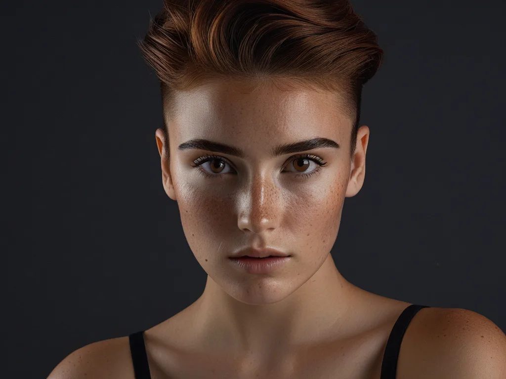 head-and-shoulders editorial photograph of a freckled woman with brown hazel eyes and an undercut hairstyle, poised expression, bold makeup, soft cinematic key light, dark neutral studio background, natural skin texture, refined magazine photography