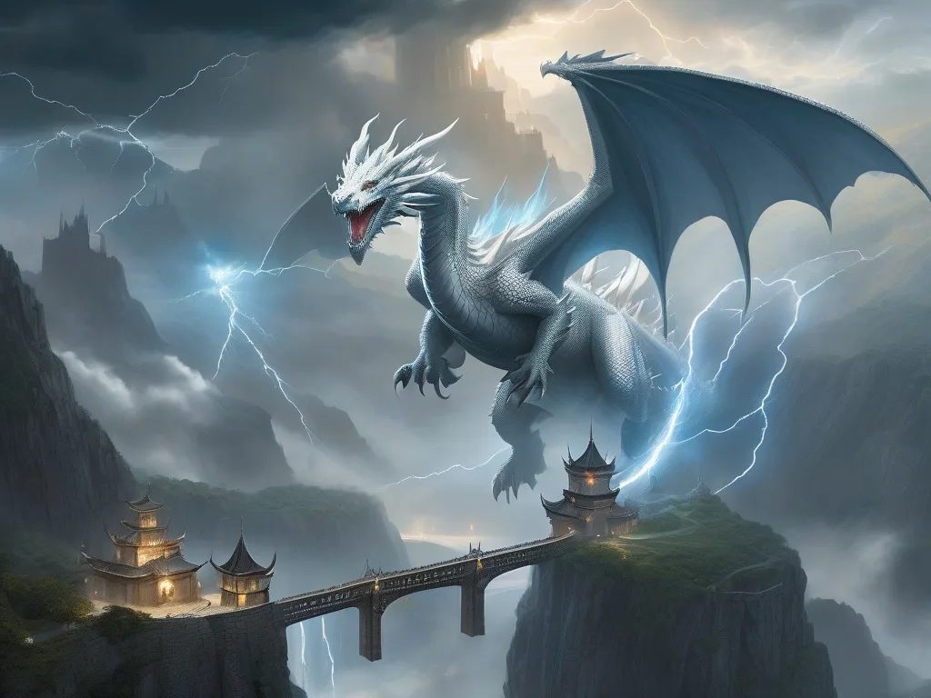 cinematic fantasy key art of an enormous white dragon banking through thunderclouds above a cliffside citadel, tiny riders crossing a rope bridge below for scale, lightning illuminating translucent wing membranes, storm-blue and silver palette, sweeping wide composition, atmospheric depth, detailed digital matte painting