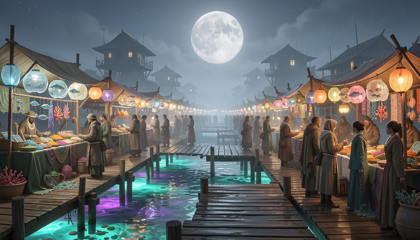 A sprawling nighttime market built on interlinked wooden docks over a glowing bioluminescent tidal lagoon, lantern canopies made of translucent shells, merchants selling glass fish, sea-silk fabrics, coral instruments, and luminous spices, diverse travelers in weathered cloaks and pearl jewelry, shallow water beneath the planks glowing turquoise and violet, distant stilt houses climbing into mist, giant moon low on the horizon, cinematic perspective, intricate small details, layered depth, reflections on wet wood, atmospheric haze, elegant color harmony, fantastical coastal worldbuilding, painterly realism, crisp focal subjects, dynamic crowd arrangement, premium concept art quality