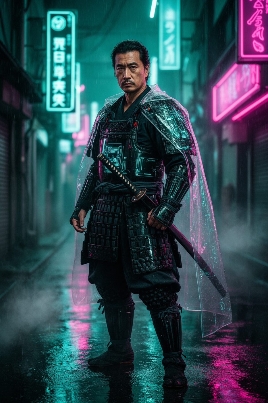 A cinematic portrait of a lone samurai in a futuristic neon-lit alley, lacquered black armor with subtle glowing circuitry, translucent rain cape, katana at the hip, reflective wet pavement, drifting steam, holographic signage in Japanese, intense teal and magenta rim lighting, highly detailed face, realistic skin texture, shallow depth of field, moody atmosphere, premium editorial photography, ultra-detailed, dramatic composition