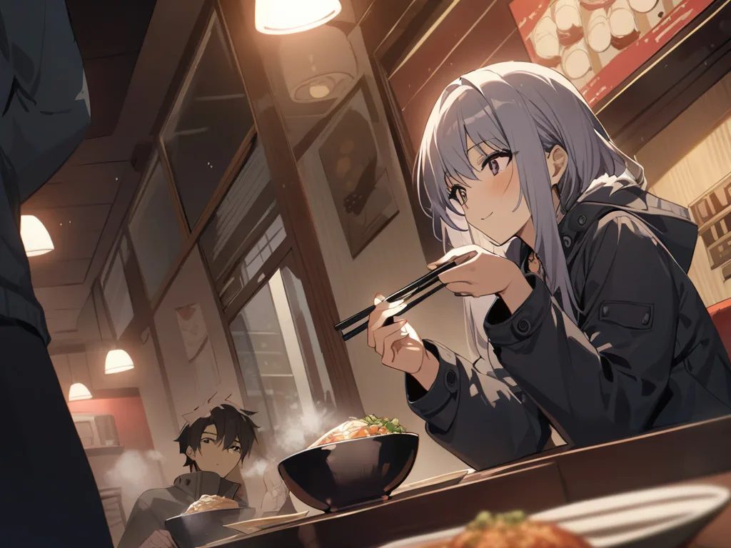 masterpiece, best quality, source_anime, 1boy, 1girl, two university friends sharing ramen at a narrow late-night diner counter, winter coats, steaming bowls, chopsticks, exchanging an amused glance, warm pendant lights, rainy window behind them, cinematic angle, detailed food and hands, cozy slice-of-life scene