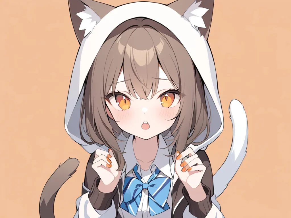 masterpiece, best quality, 1girl, solo, animal ears, bow, teeth, jacket, tail, open mouth, brown hair, orange background, bowtie, orange nails, simple background, cat ears, orange eyes, blue bow, animal ear fluff, cat tail, looking at viewer, upper body, shirt, school uniform, hood, striped bow, striped, white shirt, black jacket, blue bowtie, fingernails, long sleeves, cat girl, bangs, fangs, collared shirt, striped bowtie, short hair, tongue, hoodie, sharp teeth, facial mark, claw pose