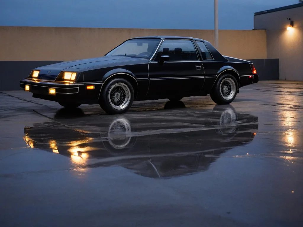 low three-quarter automotive photograph of a black 1980s sports coupe parked alone on wet concrete, empty rooftop parking deck after rain, sodium-vapor lights and cool dusk sky, realistic paint reflections, subtle tire grime, 50mm lens, cinematic but plausible exposure
