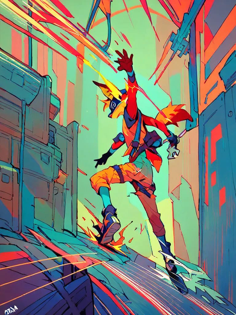 score_9, score_8_up, score_7_up, score_6_up, source_comic, masked fox mechanic sliding beneath a runaway hover bike, wrench in one hand, sparks trailing across the workshop floor, extreme diagonal composition, bold speed lines, orange and electric-blue lighting, dynamic comic panel, clear readable action
