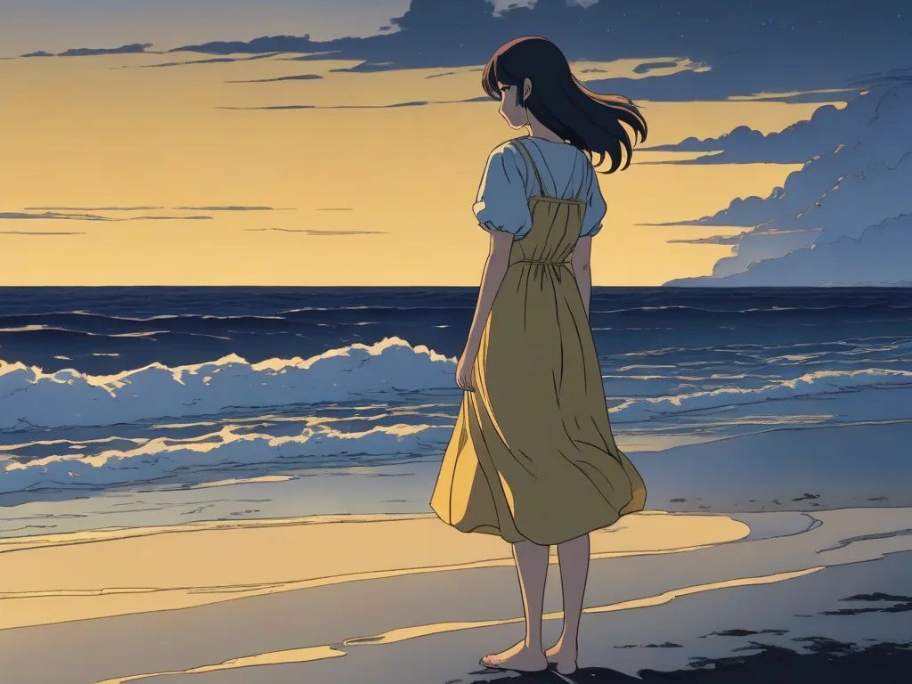 anime film still of a young woman in a pale yellow sundress standing alone at the shoreline after sunset, moonlit waves around her ankles, distant festival lights across the bay, wind lifting the hem and loose hair, quiet side profile, deep indigo sky, restrained cel shading, cinematic negative space