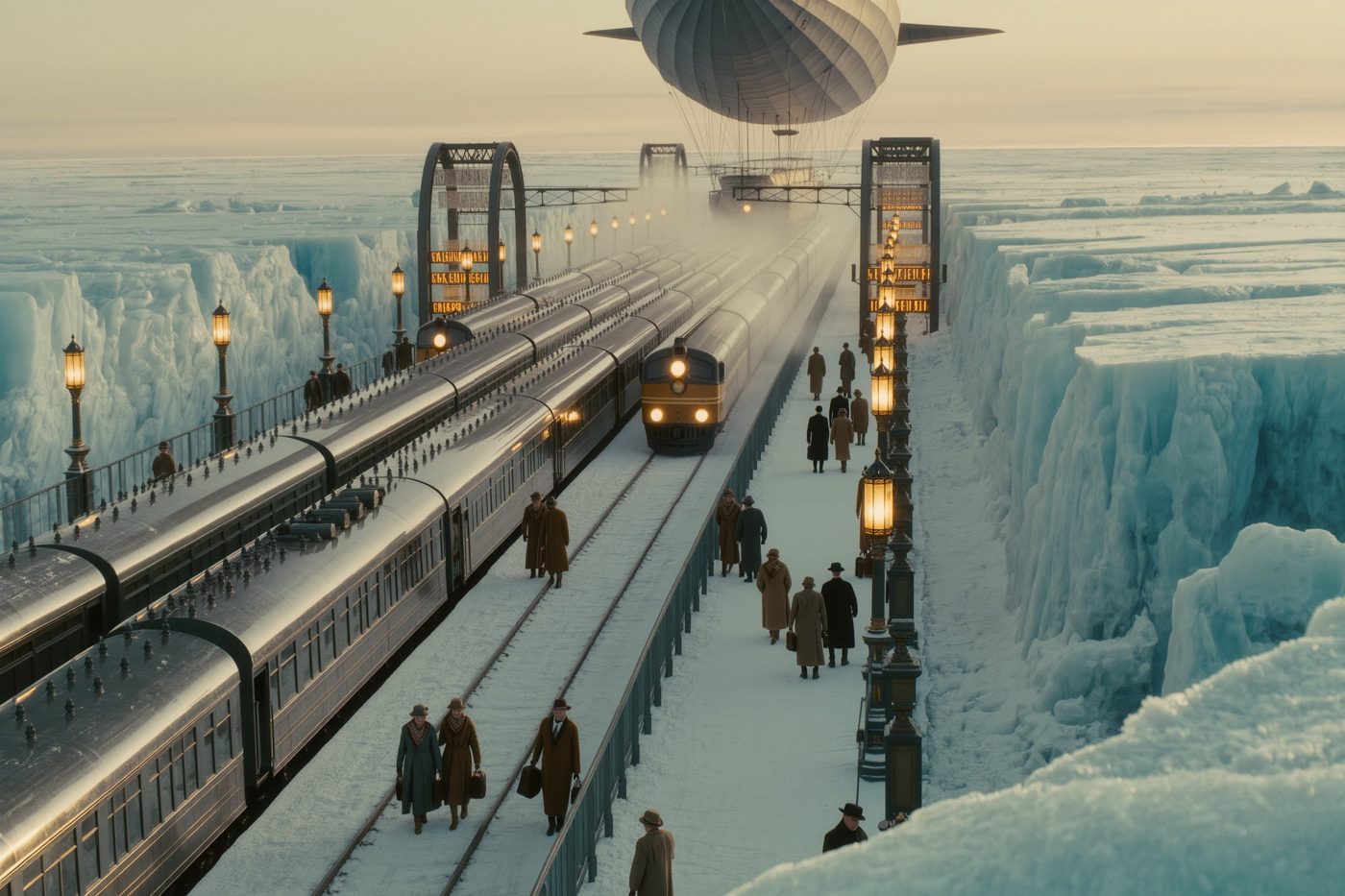 A retrofuturist rail terminal carved into a glacier, chrome locomotives above blue ice, travellers in 1930s winter coats, airships moored in the distance.