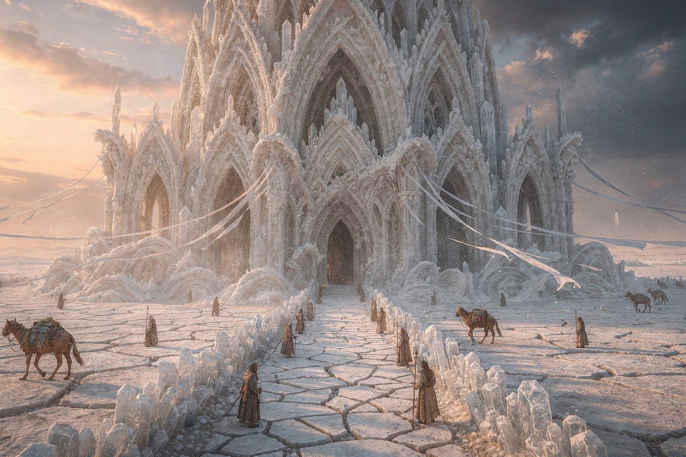 A cathedral of white salt and crystal on a dried lakebed, vaults shaped like frozen waves, tiny pilgrims and pack animals for scale.