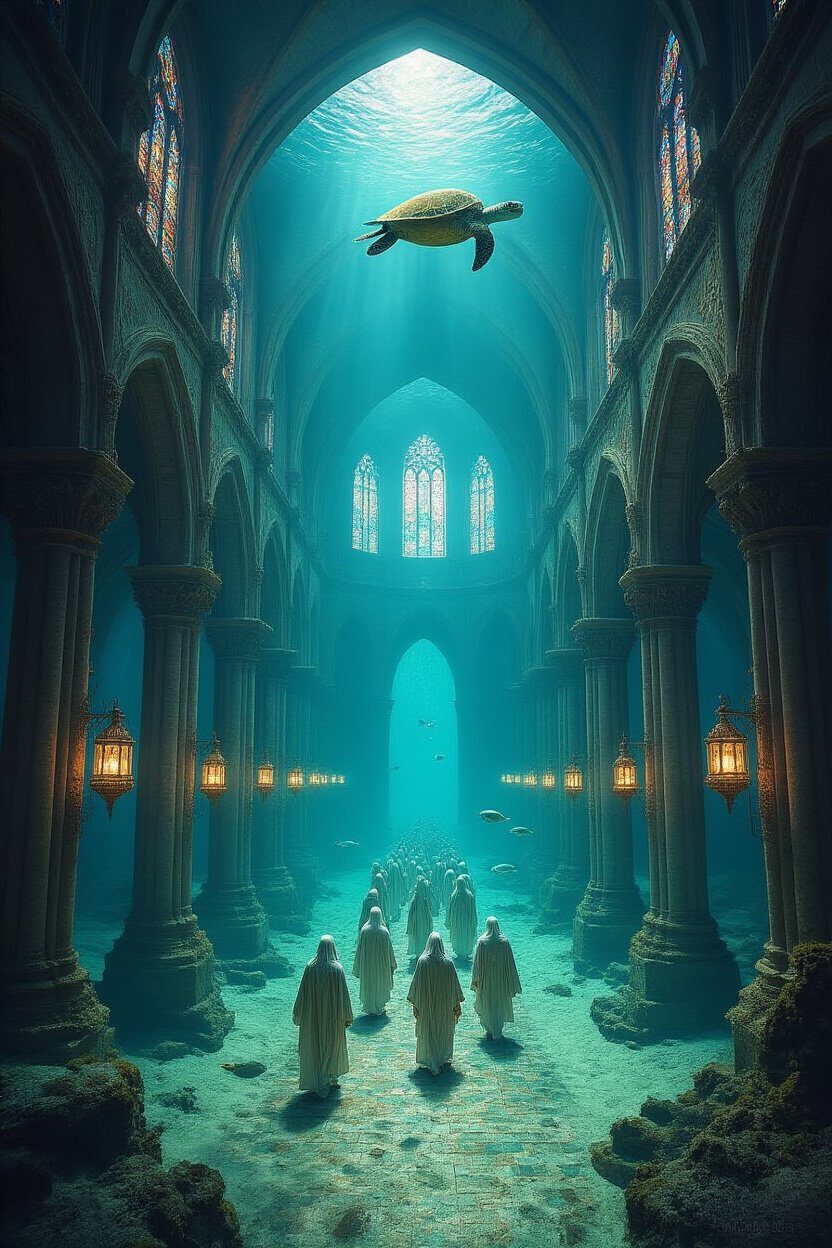 An ancient cathedral under a tropical sea, coral on the arches, pearl-divers carrying shell lanterns down the nave, a sea turtle gliding overhead.