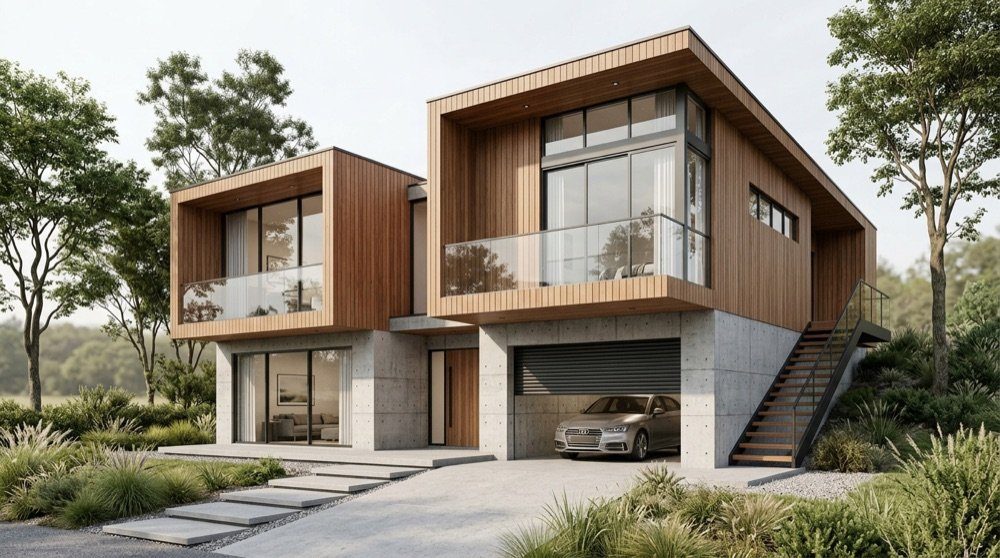 Concrete, warm wood and floor-to-ceiling glass, soft daylight, photoreal architectural render.