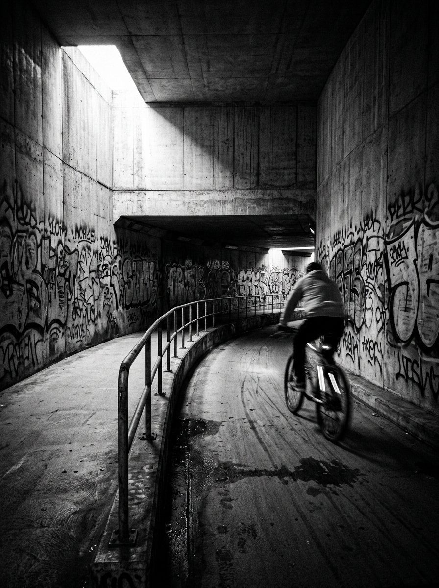 Black and white: a cyclist rides down a curved concrete ramp in a tunnel, motion blur, hard light from the upper left.