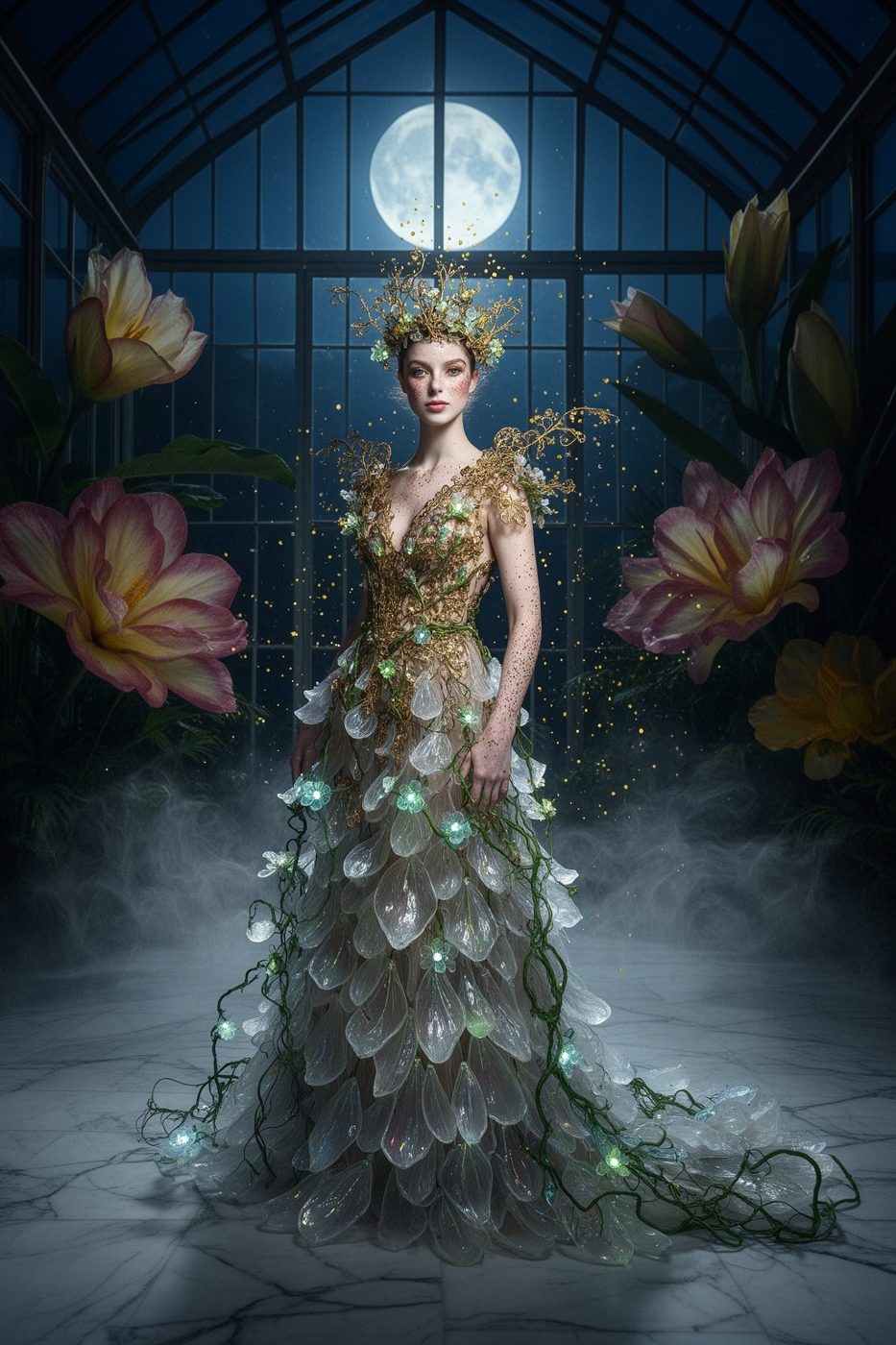 A model in a gown of translucent petals and gold filigree in a moonlit glass conservatory.