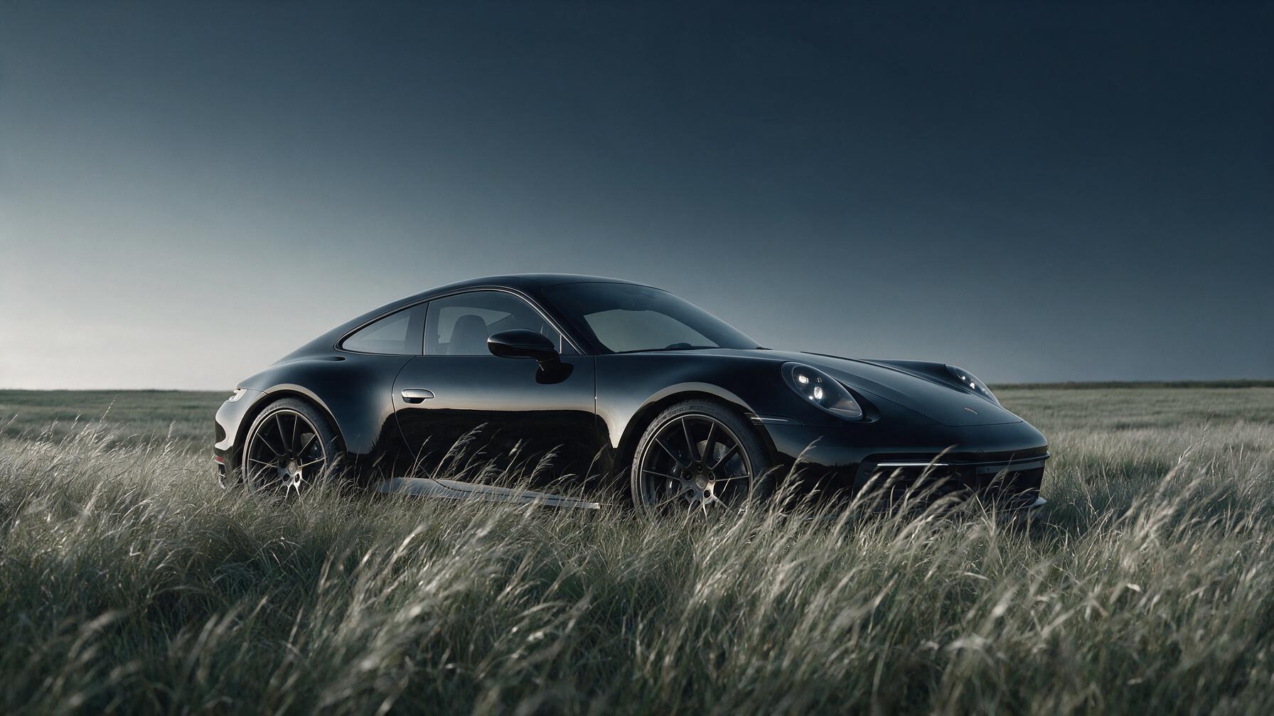 A premium photorealistic automotive advertising photograph of a black Porsche 911 coupe parked in tall windswept grass under a vast moody sky. The car is shown from a low three-quarter side angle, front facing slightly to the right, emphasizing the iconic 911 silhouette, rounded headlights, sculpted hood, smooth roofline, wide rear haunches, glossy black paint, dark multi-spoke wheels, low-profile performance tires, tinted windows, and subtle illuminated headlights. The foreground grass partially covers the lower body, creating depth and texture. The background is minimal and elegant, with no buildings, no people, and no distractions, only an open field and a smooth gradient sky fading from pale gray near the horizon to deep charcoal blue above. Lighting is soft, cold, and atmospheric, with refined reflections across the hood, roofline, doors, wheels, and headlights. Color palette: black, charcoal, blue-gray, silver, muted steel tones. The image should feel quiet, expensive, cinematic, and refined, like a high-end Porsche magazine campaign. Sharp focus on the car, realistic reflections, premium commercial photography, clean composition, no text, no artificial CGI look, no illustration