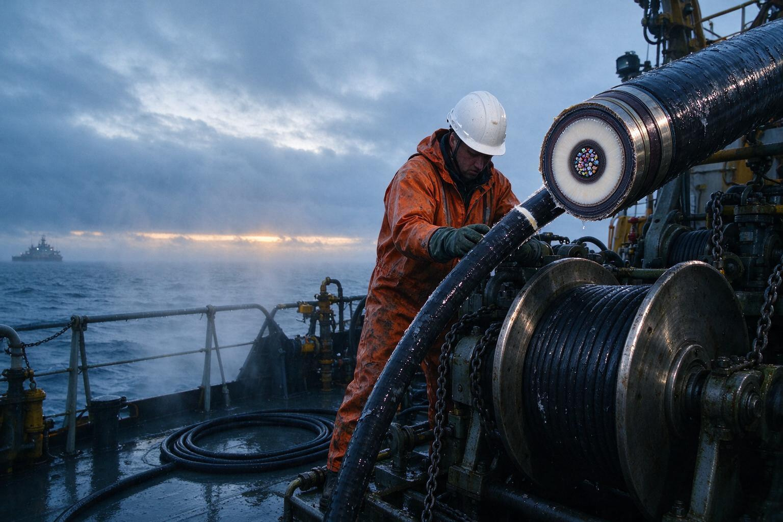 Prompt summary: An editorial photograph of a technician inspecting a raised fiber-optic cable aboard a repair ship, with wet deck machinery and fine detail in the exposed cable layers.