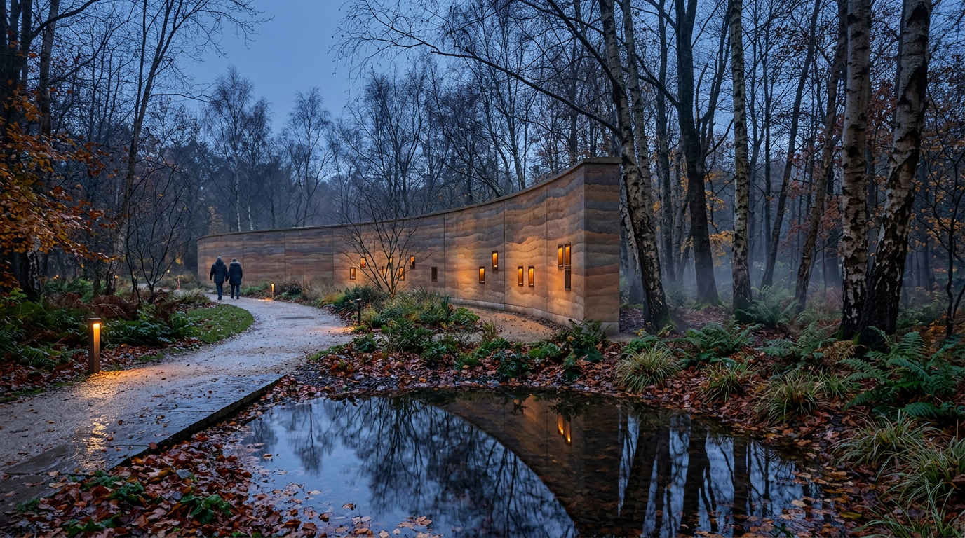Prompt summary: A photorealistic garden design at dusk after rain, with a curved rammed-earth memorial wall, birch trees, bronze niches and subtle path lighting.