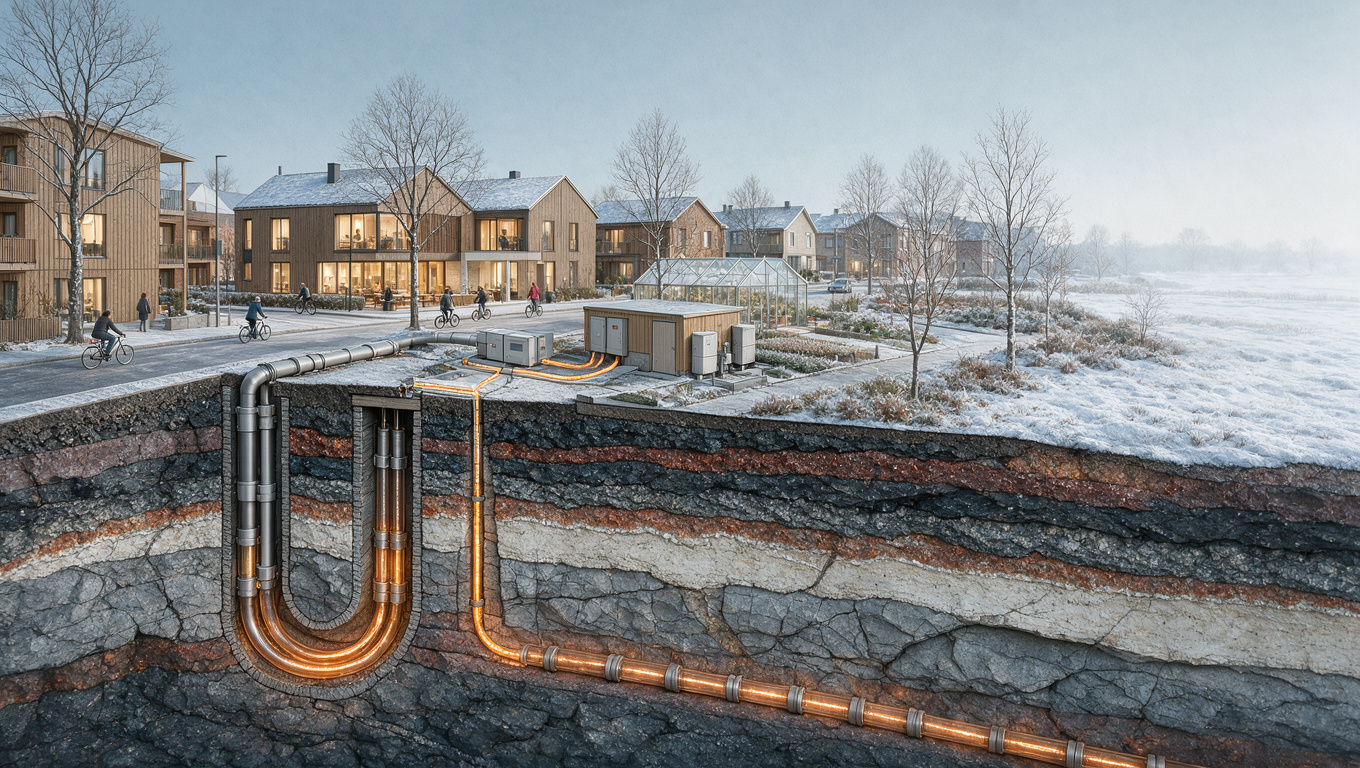 Prompt summary: An architectural diorama of a winter city neighborhood showing geothermal infrastructure beneath the streets, with timber buildings, cyclists, a library and greenhouse above.