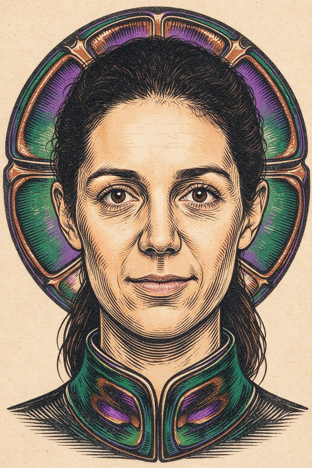 Prompt summary: A reference-guided portrait of a forensic entomologist rendered as a linocut and screen-print illustration, preserving facial features with tactile ink grain and selective color.