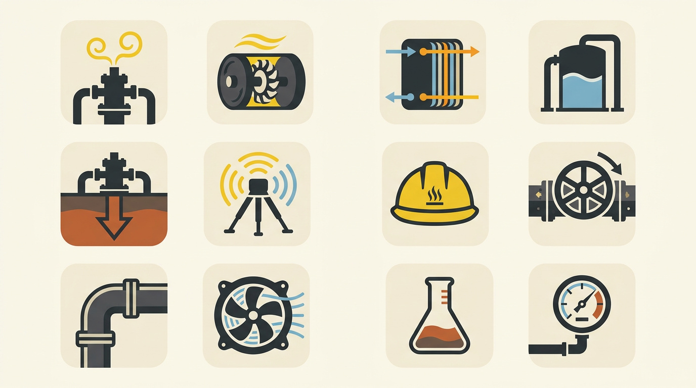 Prompt summary: A coordinated set of twelve geometric icons for geothermal plant operations, arranged on a warm ivory background with restrained yellow, blue and charcoal accents.