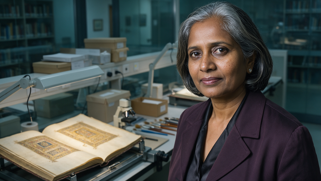Prompt summary: An environmental portrait of a senior manuscript conservator in a museum workspace, with natural skin detail, a dark aubergine jacket and a softly lit historic manuscript.