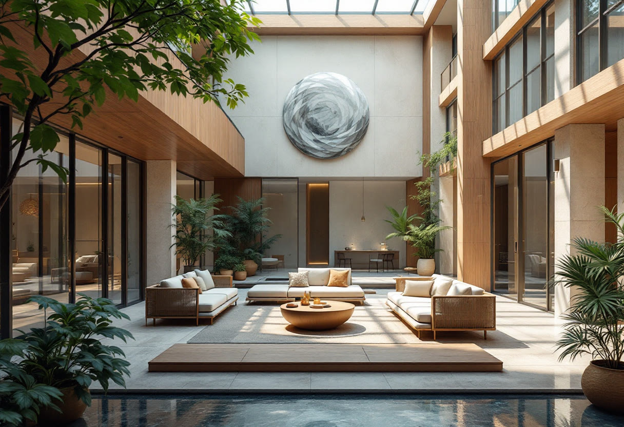 A grand open-air teahouse atrium built inside a colossal repurposed rain cistern, ringed by carved cedar balconies and suspended silk canopies, a shallow circular pool filled with oversized copper-and-ivory koi gliding through mirrored water, polished stone walkways crossing the pool in elegant arcs, steam drifting from tiny ceramic cups on low lacquered tables, hanging lanterns with amber paper shades casting warm reflections, guests in eclectic contemporary formalwear mixed with traditional textiles, lush ferns and moss climbing damp masonry, intricate tilework in jade, rust, cream, and charcoal, visible droplets on old metal beams, cinematic composition, ultra-detailed surfaces, sharp focus, rich textures, realistic water reflections, volumetric light rays from the opening above, refined color harmony, premium editorial photography look
