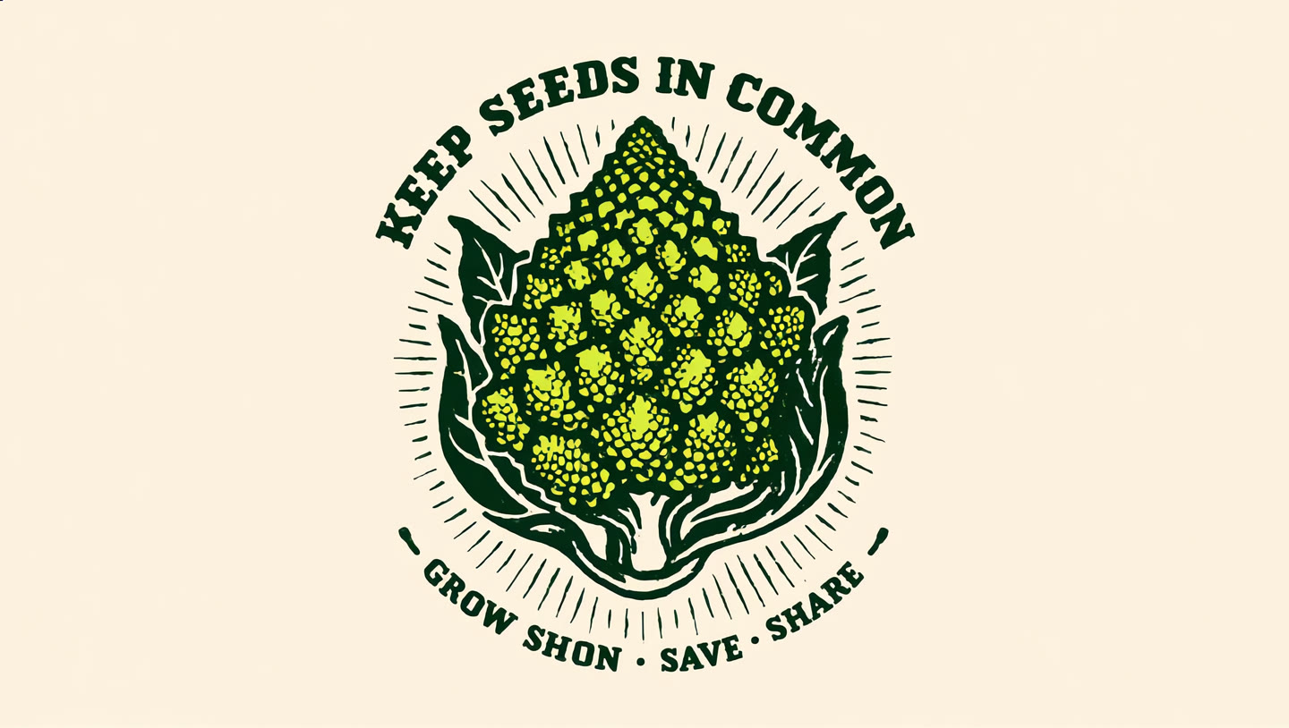 Create a finished square apparel graphic for a community seed library fundraiser, using the supplied Romanesco photograph as the visual reference. Preserve the vegetable’s unmistakable conical silhouette, logarithmic spiral florets, layered geometry, and outer leaf shapes, but reinterpret it as a bold hand-carved linocut and vintage agricultural woodblock illustration. Center the Romanesco as a large emblem with dramatic radial leaves and small seed marks forming a restrained halo. Use chunky, screen-print-friendly contours, expressive carved hatching, slight organic ink texture, and clearly separated spot-color shapes. Four-ink palette only: deep forest green, vivid chartreuse, warm unbleached cream, and near-black. Add the exact arched headline “KEEP SEEDS IN COMMON” above the emblem and the exact smaller line “GROW • SAVE • SHARE” below it, set in sturdy condensed block lettering with a handcrafted cooperative-poster character. Strong hierarchy, balanced negative space, symmetrical overall composition with natural irregularities, grassroots but professionally art-directed, optimistic and purposeful. Flat print artwork on a solid warm-cream background; no gradients, no photorealism, no shadows, no garment, no model, no mockup, no labels, no extra words, no border frame. Crisp edges and production-conscious detail suitable for a 2K screen-print master.