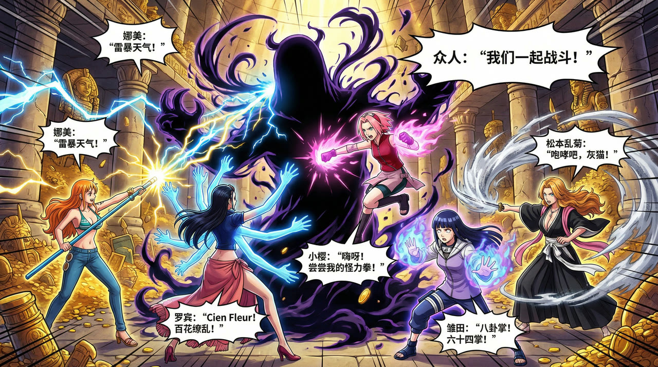 帮我生成动漫角色中的女角色的一个合集故事,其中包括娜美、罗宾、小樱、雏田、松本乱菊,做成彩色漫画的形式,要求中文。