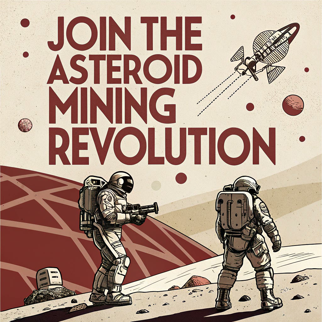 Design a minimalist, propaganda-style poster encouraging Earth's citizens to "Join the Asteroid Mining Revolution," with bold, geometric illustrations of futuristic mining equipment and a stark, contrasting color palette