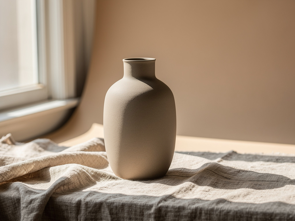 Studio product shot of a matte ceramic vase on raw linen, soft north-window light