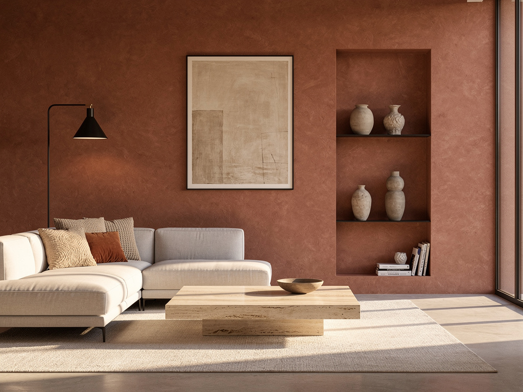 Modern living room with terracotta walls and travertine table, late-afternoon sun