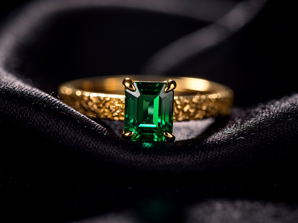 Macro jewelry photography, gold ring with emerald on dark silk, dramatic rim light