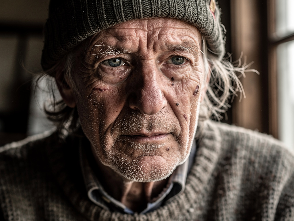 Characterful close-up of an elderly fisherman, weathered detailed skin, soft window light