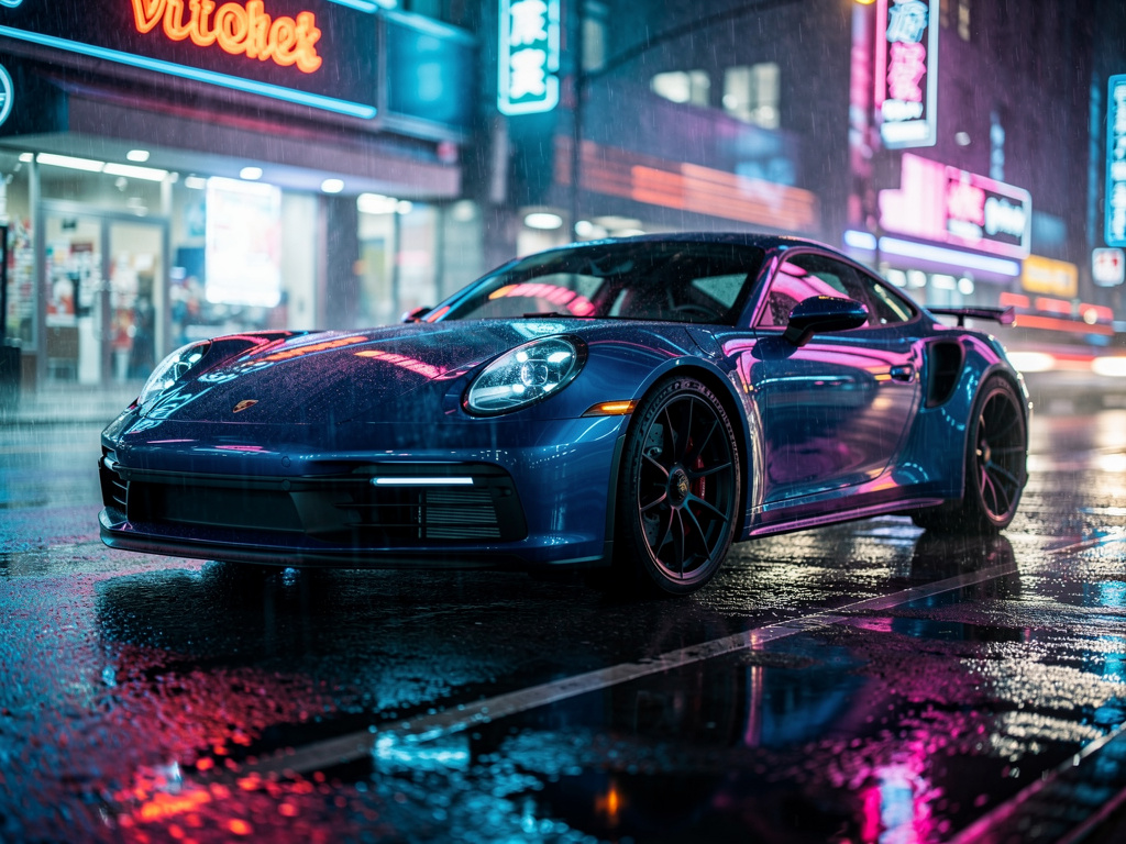 Sports car on a wet city street at night, neon reflections, cinematic automotive photography