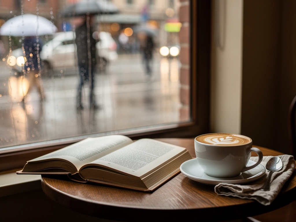 Cozy cafe corner with a book and cappuccino by a rainy window, lifestyle photography