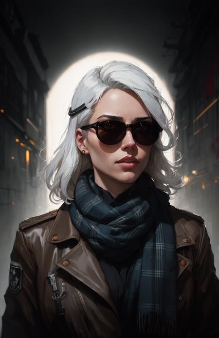 Prompt idea: A silver-haired traveler in sunglasses and a leather jacket, moody city light, detailed fantasy portrait.