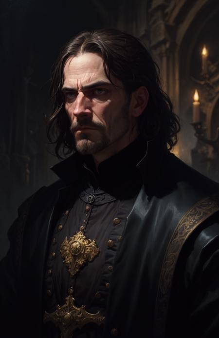Prompt idea: A brooding fantasy nobleman in an embroidered black coat, warm candlelight in a Gothic hall.